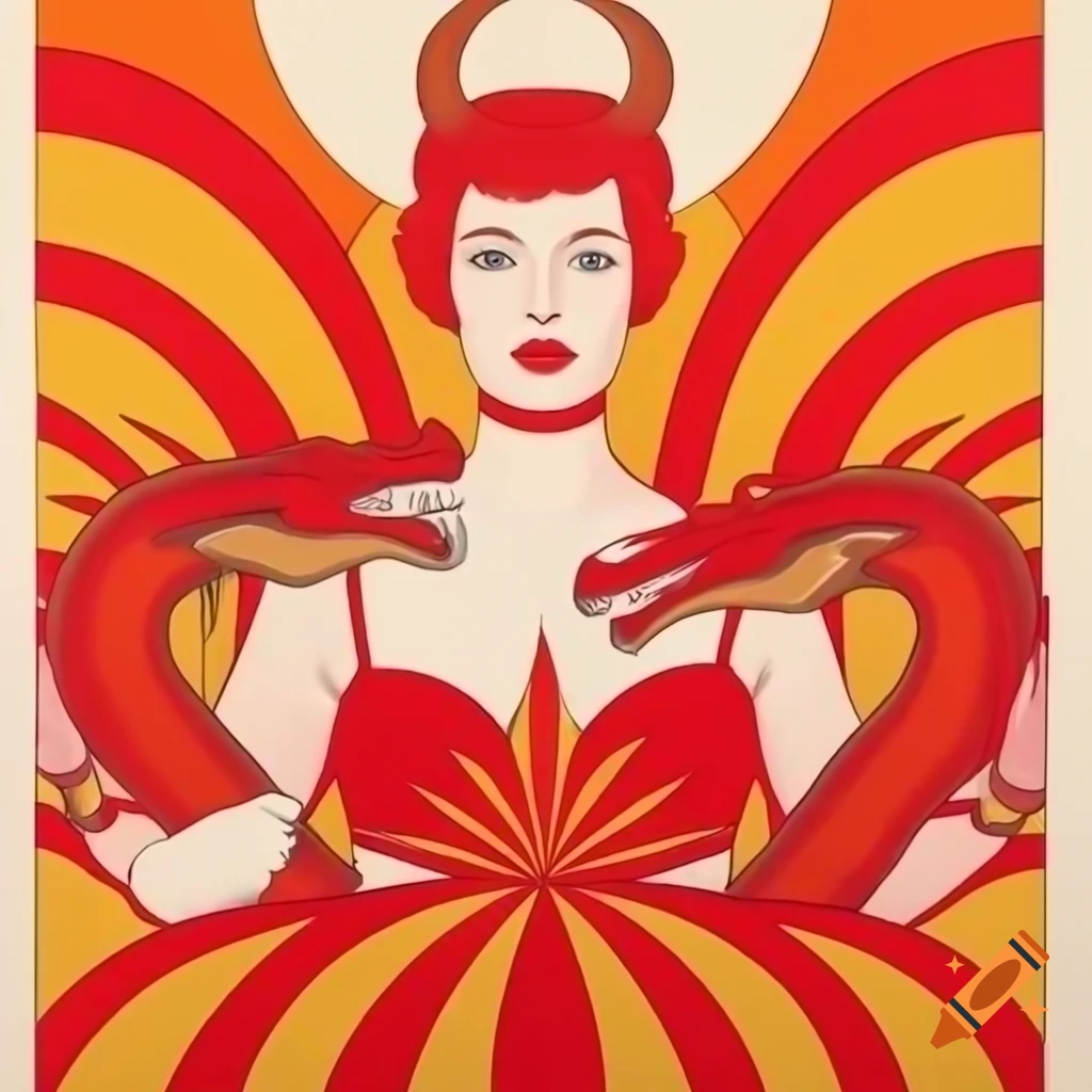 20th century pulp magazine illustration of Great Red Dragon and woman with clean bold lines