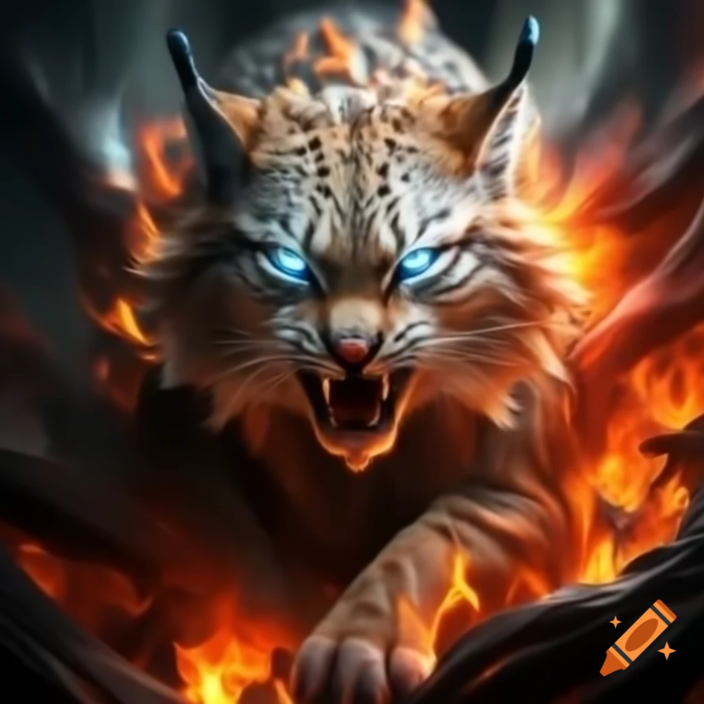 Lynx with blue eyes lunging from portal of orange flames, showcasing fierce energy