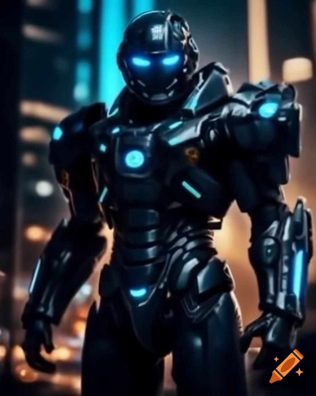 Warrior in black and cobalt armor against futuristic cityscape with glowing eyes