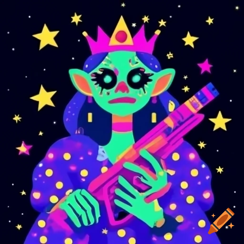 Sparkly zombie princess holding a gun with stars in the background
