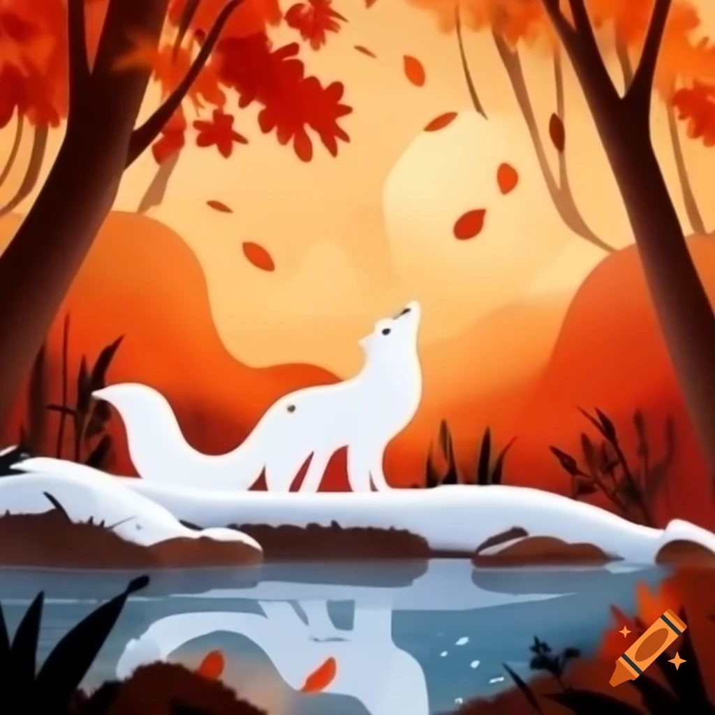 Snow fox in vibrant autumn forest with lake and falling leaves