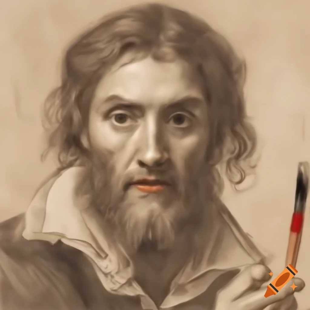 Renaissance portrait of a bearded man holding a paintbrush