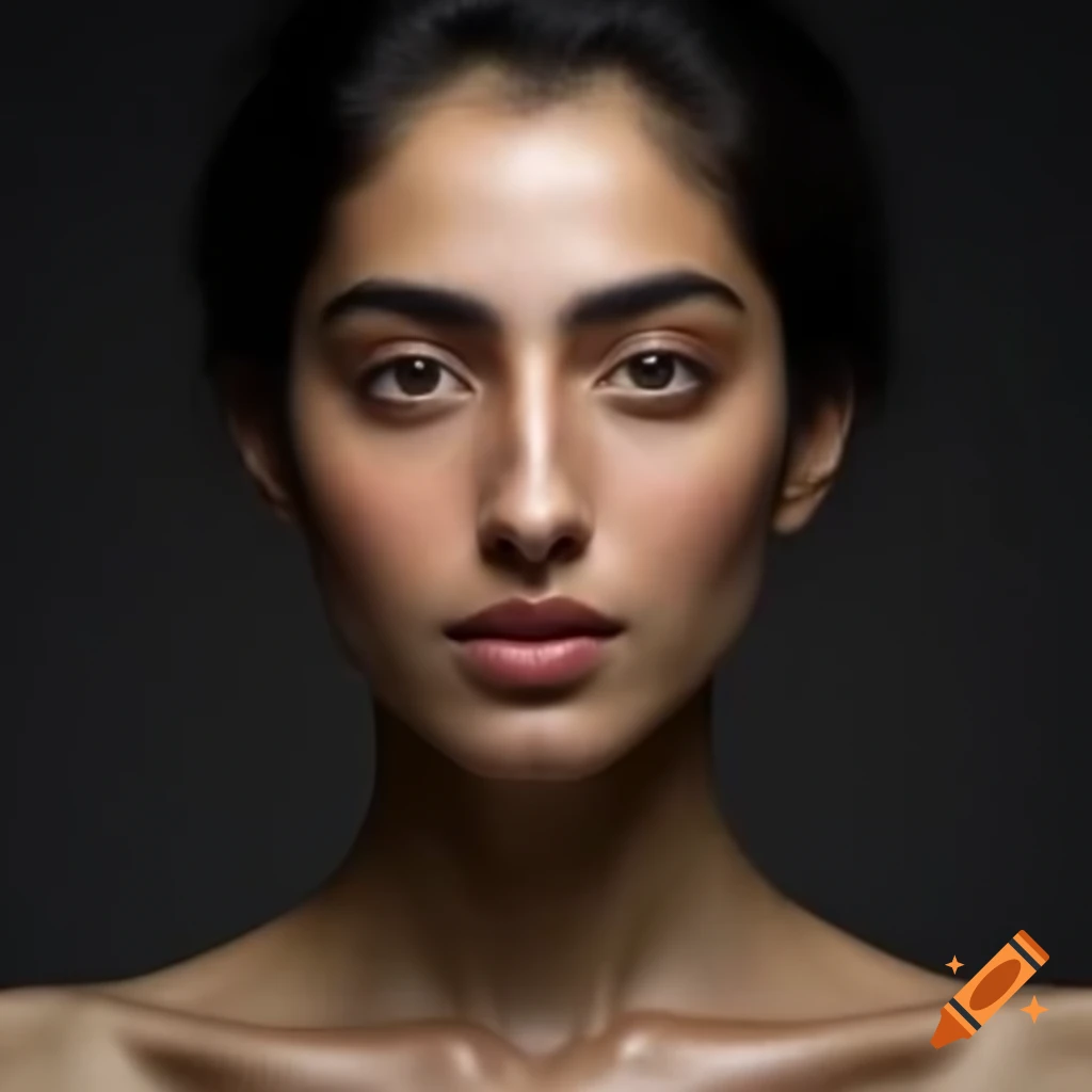 Portrait of a young half-Japanese half-Iranian woman with distinct features and minimal makeup