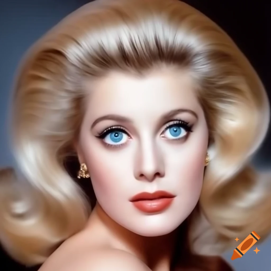 Hyper-realistic portrait of a beautiful European actress from 1963 with blue eyes and wavy golden hair