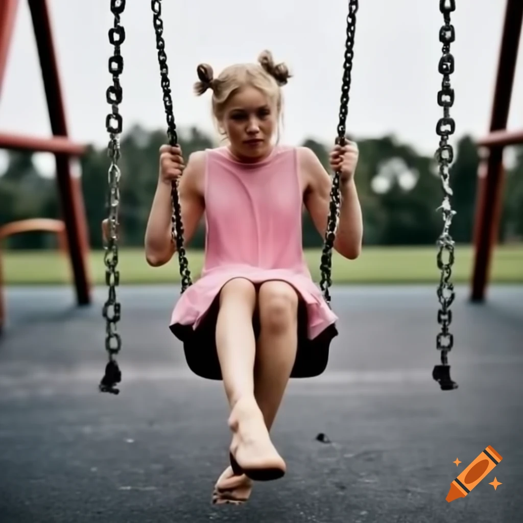 Girl with blonde pigtails swinging in playground wearing pink dress