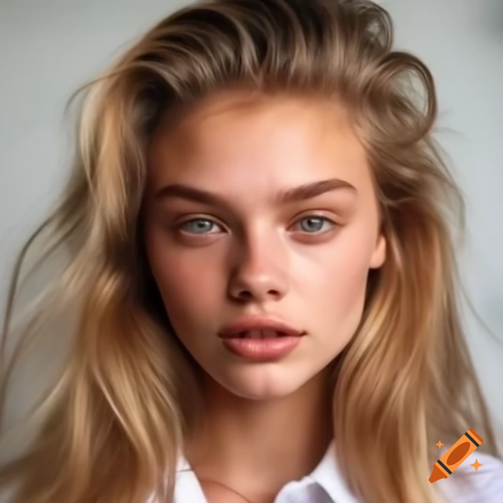 Beautiful blonde woman with long wavy hair wearing a white shirt