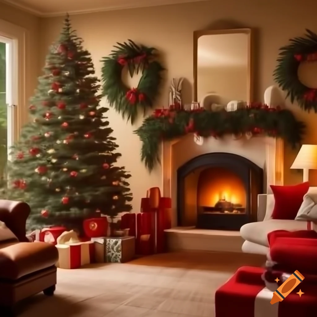 Cozy Christmas living room featuring a decorated tree, fireplace, and presents