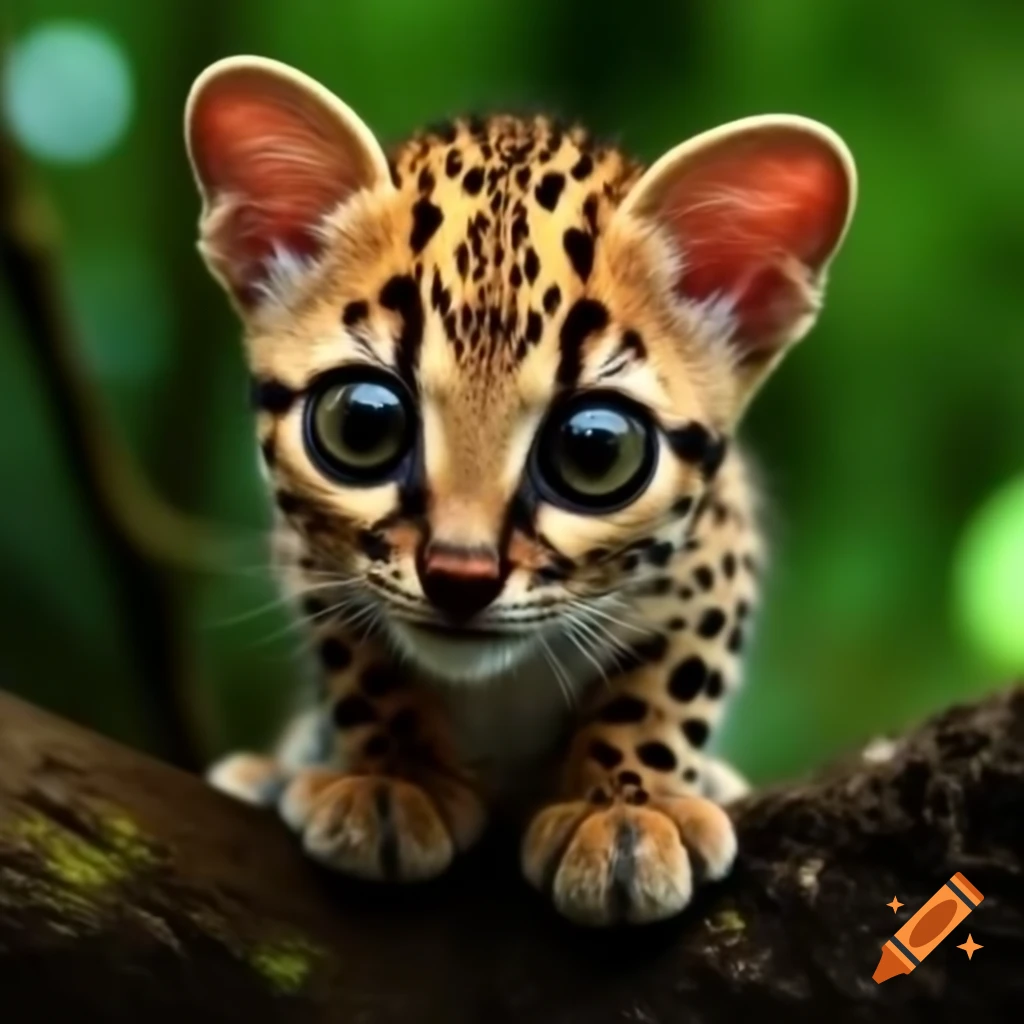Small leopard-like wild cat with large eyes in forest background