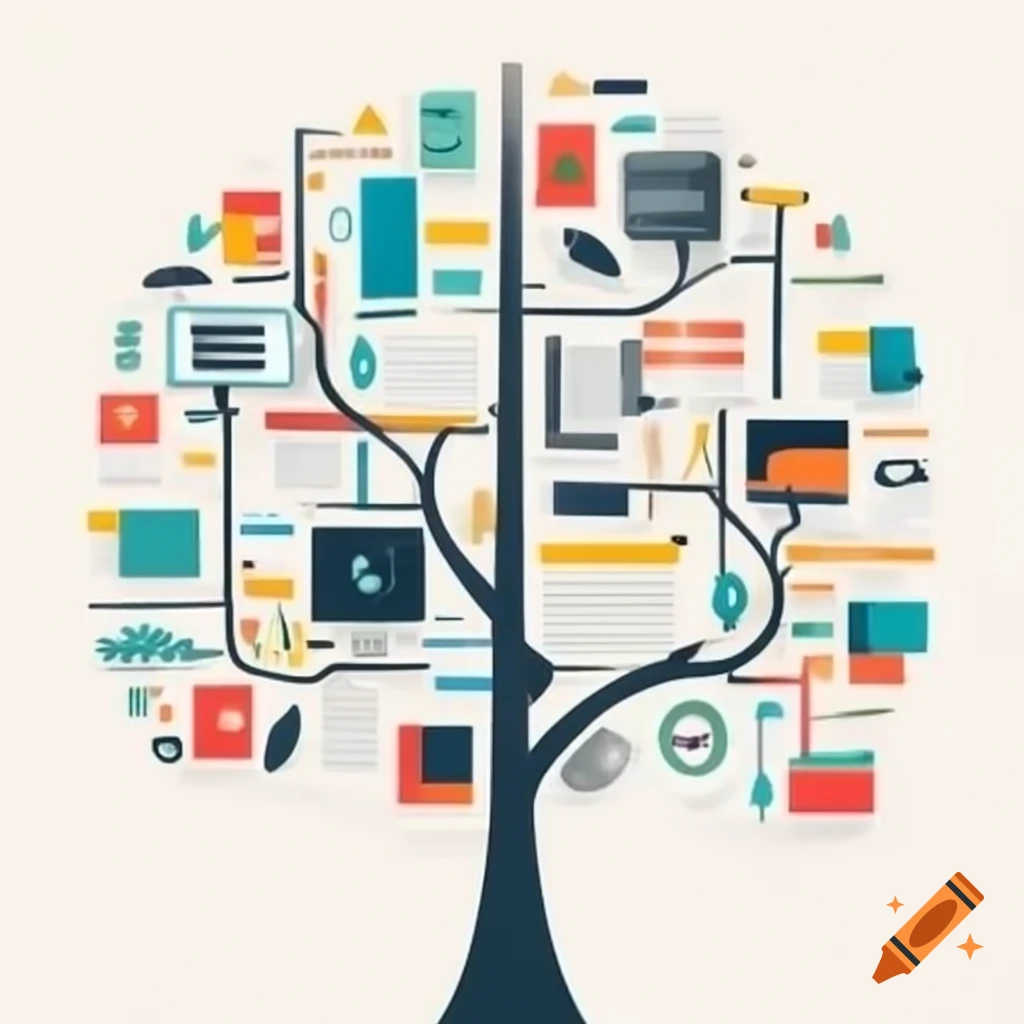 Tree composed of books and digital devices symbolizing knowledge growth