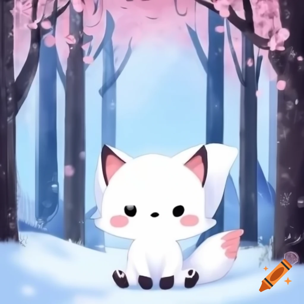 Cute white cartoon fox with big ears in winter forest with pink sakura tree, anime style
