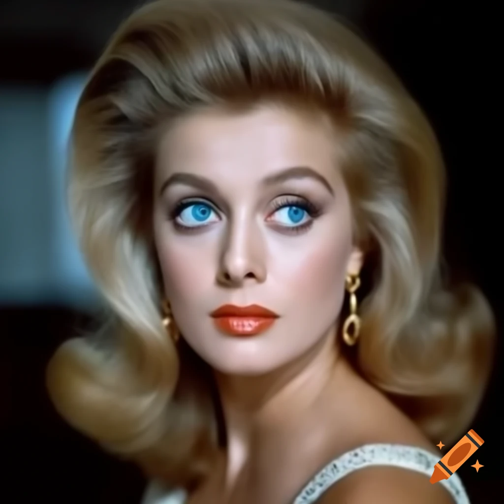 Hyper-realistic color photograph of European actress from 1963 with porcelain skin and blue eyes