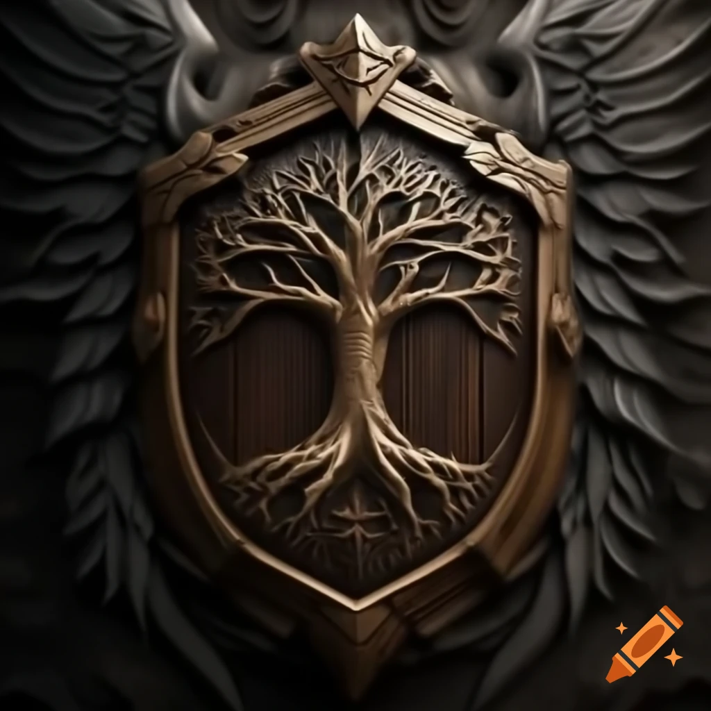 Engraved wooden shield featuring oak tree crest and angelic wings