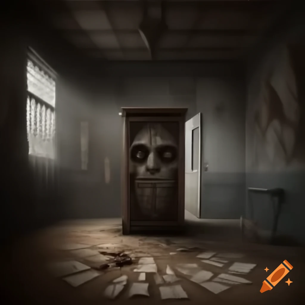 Scary house with large room featuring demonic drawings on walls