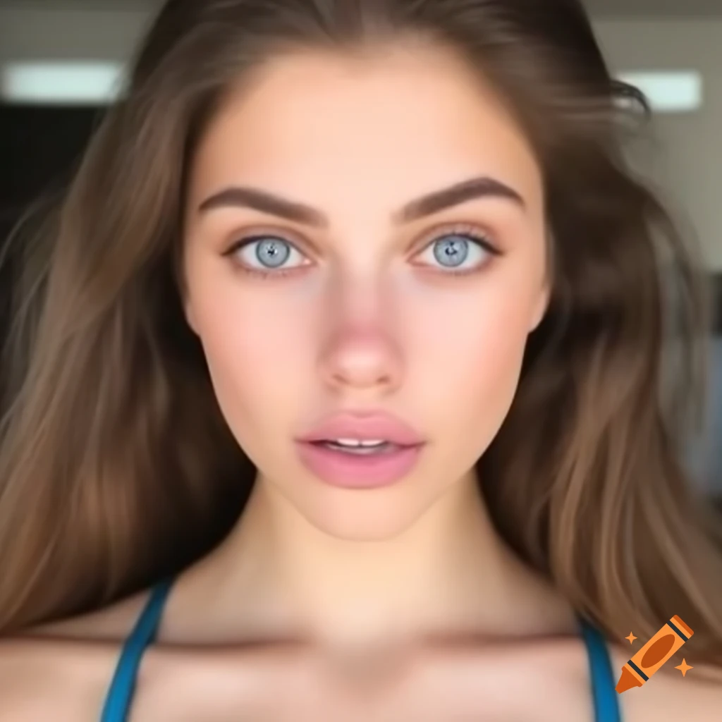 Portrait of athletic woman with balanced facial features and blue eyes