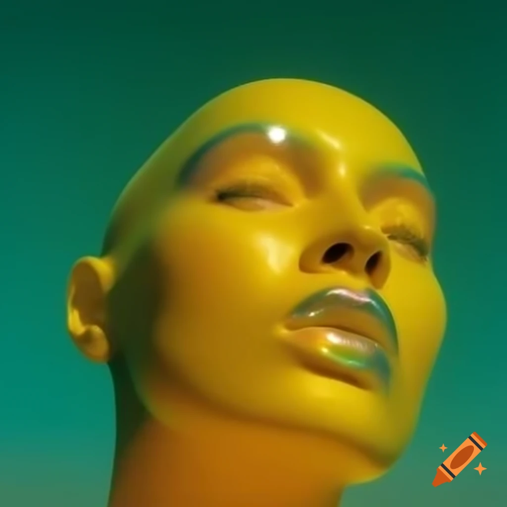 Iridescent yellow glass statue in pop surreal 2000's photography style