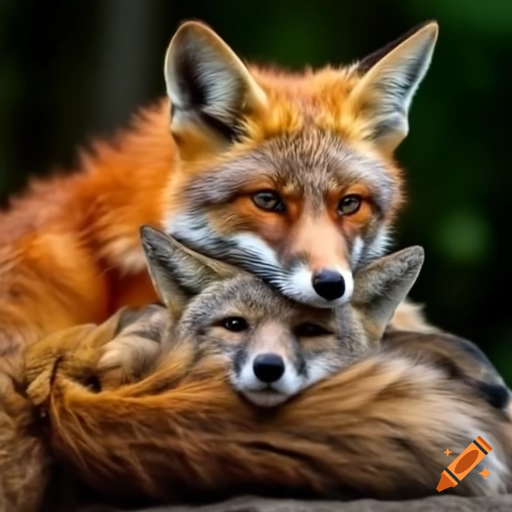 Fox and coyote embracing in a friendly manner