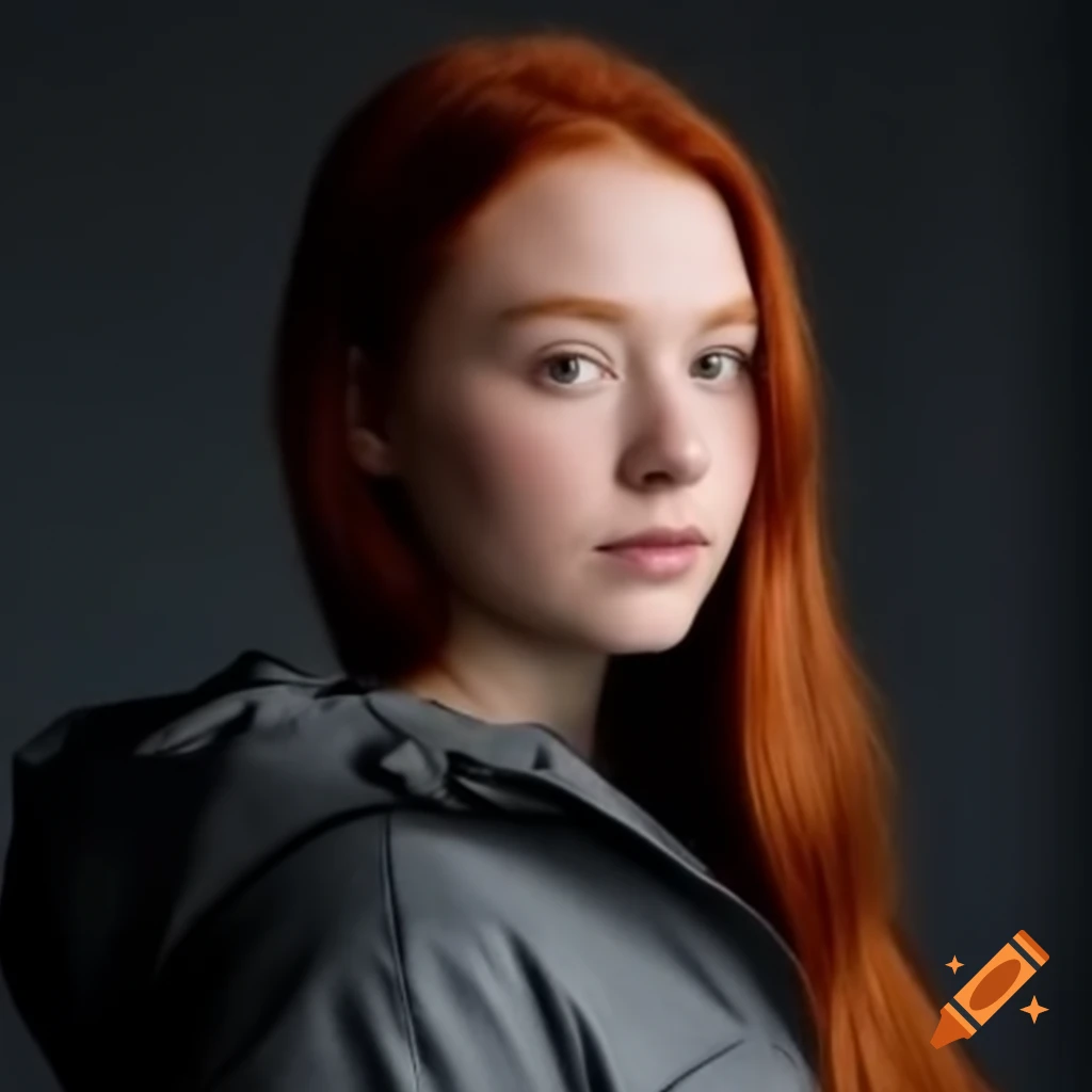 Portrait of tall young Canadian woman with long red hair in grey jacket