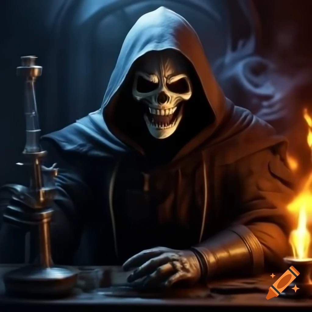 Gothic reaper with glowing eyes in hell fire, smoking a bong