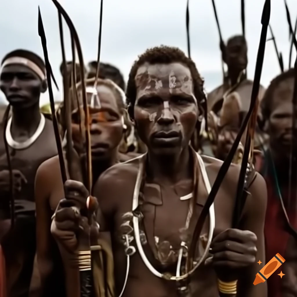 Tribal men and women in village square with bows and arrows, displaying resolve