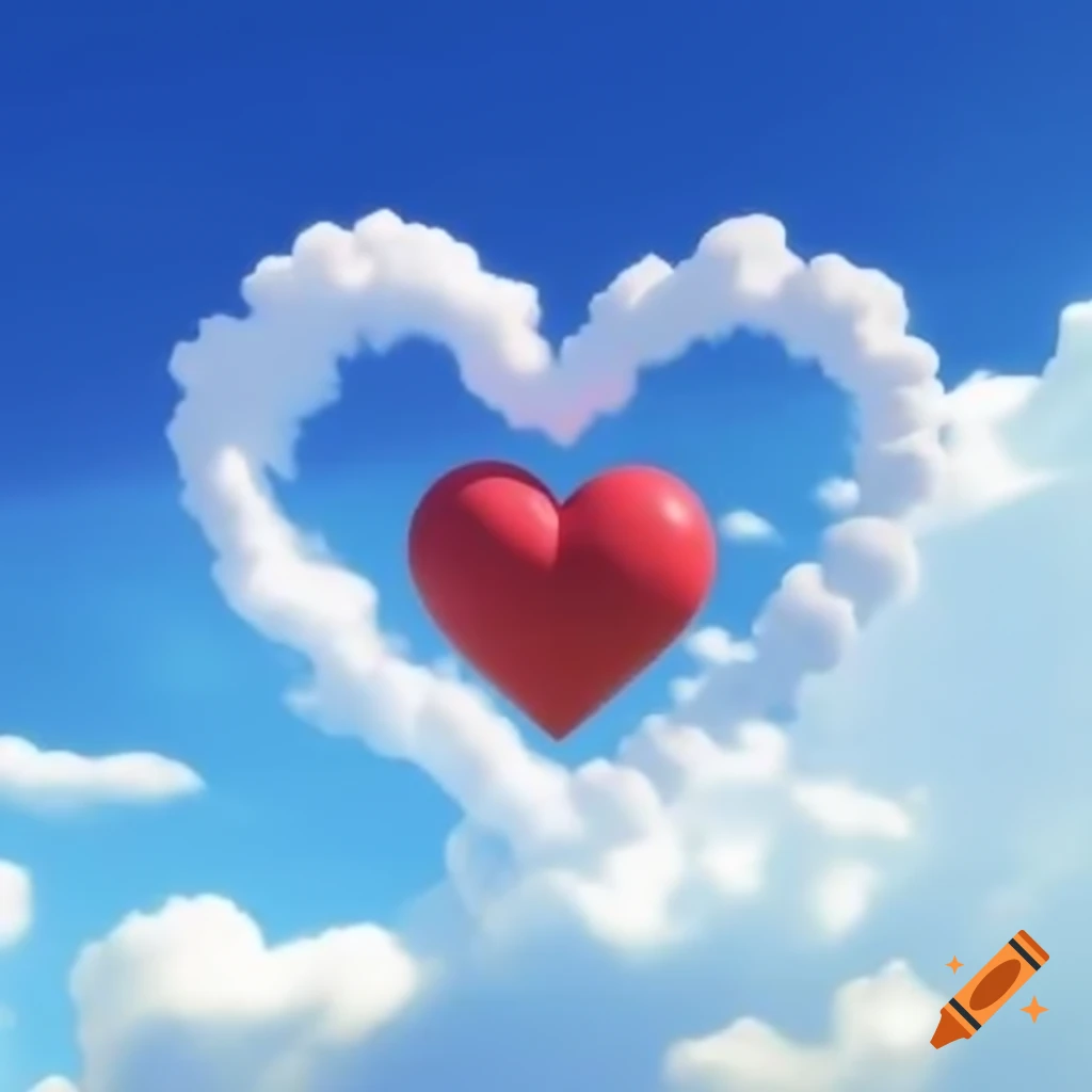 Pop surreal photography featuring anime heart statue against bright sky