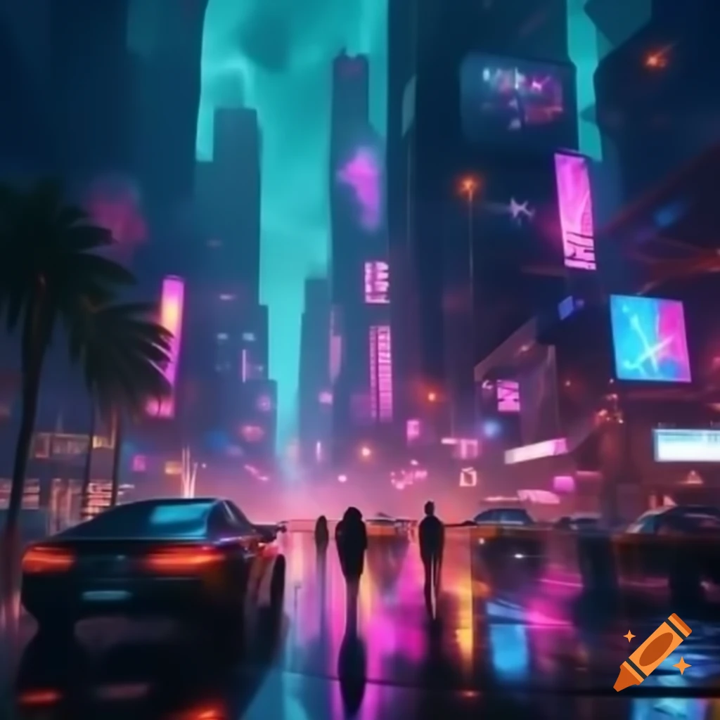 Futuristic cityscape with neon lights, skyscrapers, holographic billboards, and flying vehicles