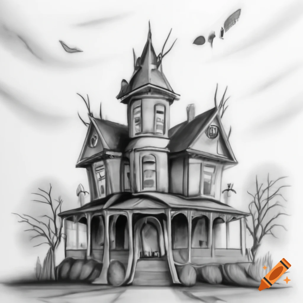 Pencil drawing of a haunted house