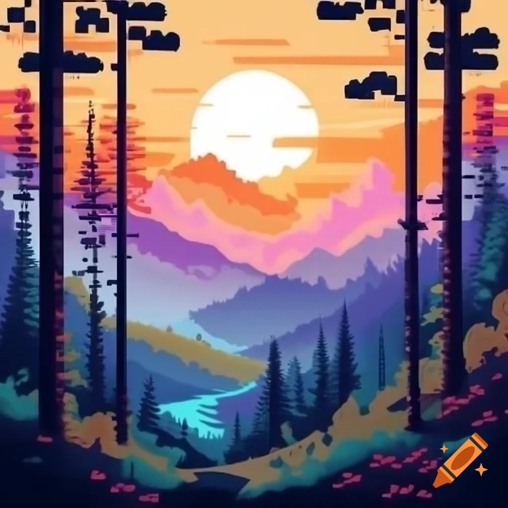 Vibrant forest scene with tall trees and sunset colors in digital art