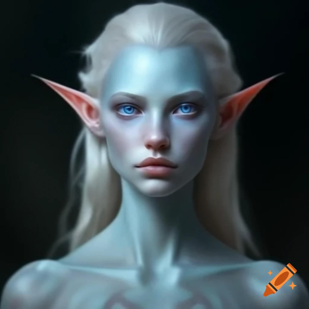Female elf with pale skin and ice blue eyes