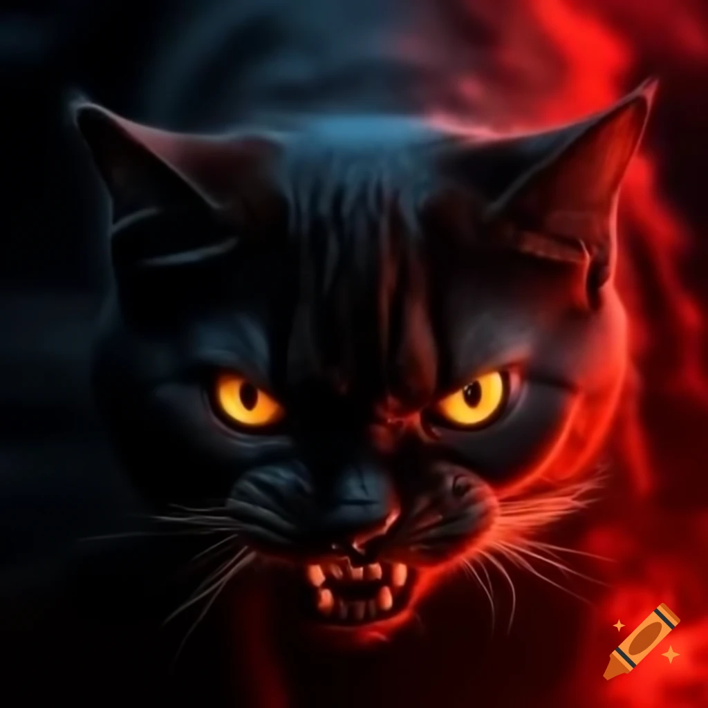 Dark silhouette of cat with glowing eyes in crimson mist