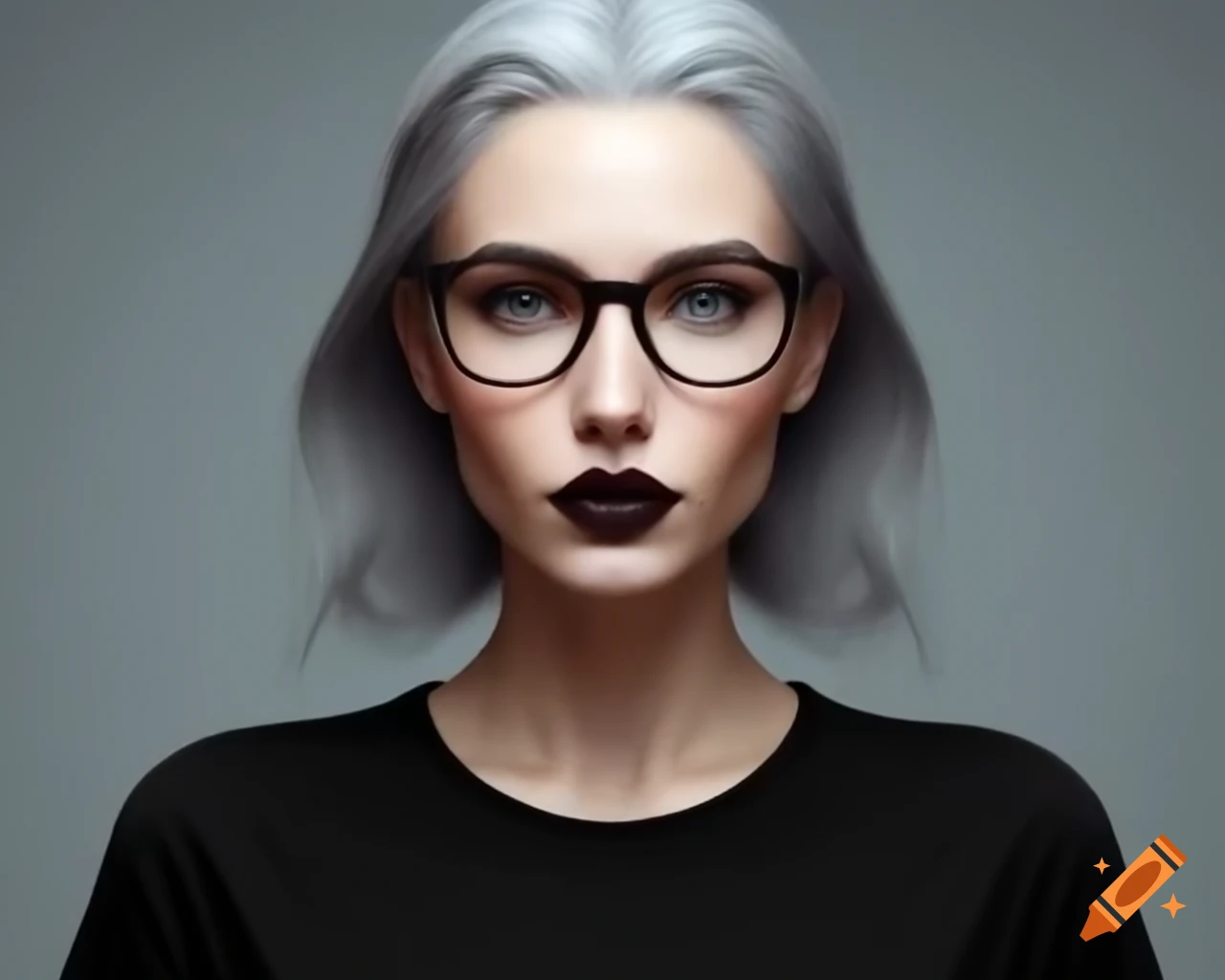 Photo realistic portrait of a woman in her 50s with dark long hair and pointy framed glasses