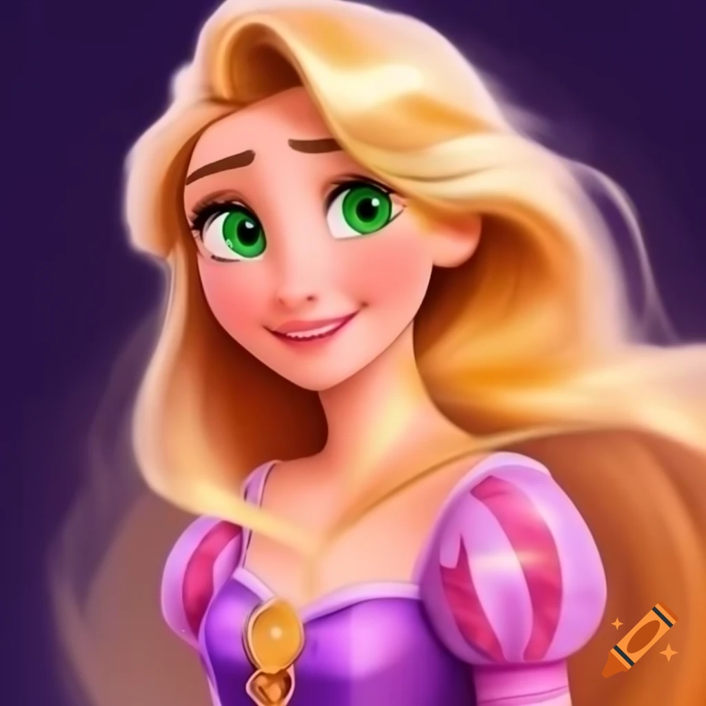 Princess Rapunzel with long hair and a tower in the background