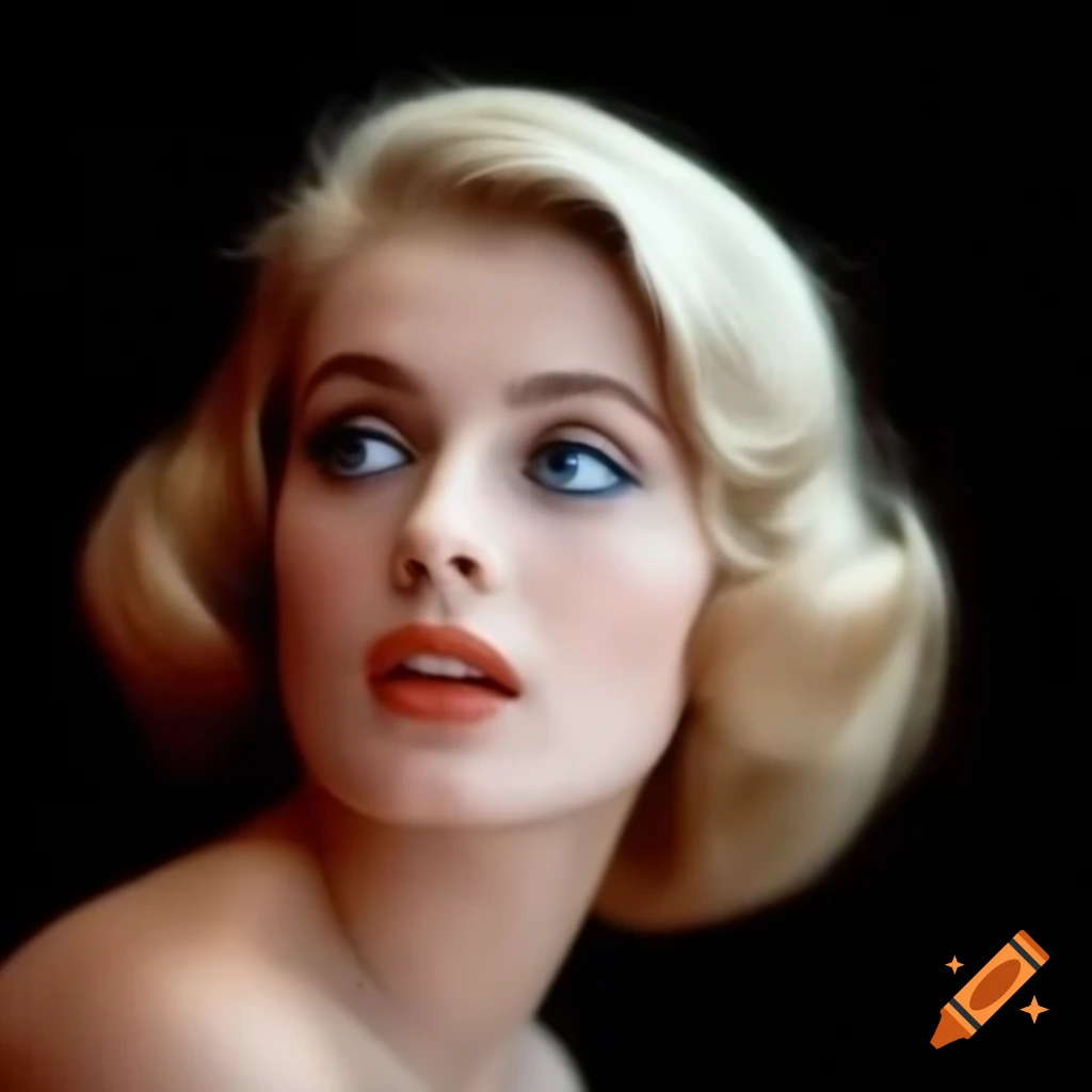 Hyper-realistic photograph of a beautiful European actress from 1963 with porcelain skin and wavy golden hair