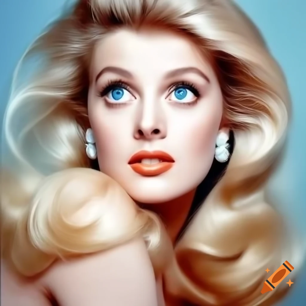 Hyper-realistic portrait of beautiful European actress from 1963 with porcelain skin and blue eyes