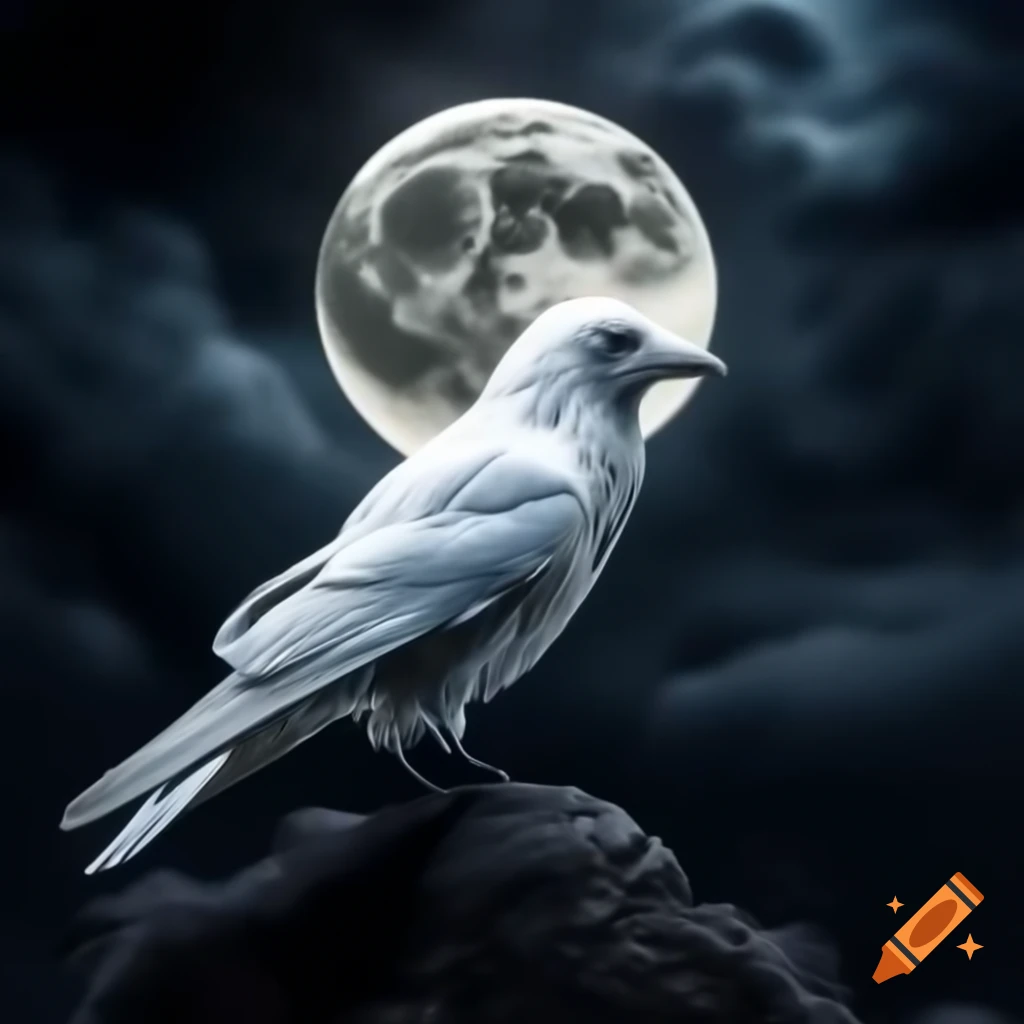 White crow in front of a full moon