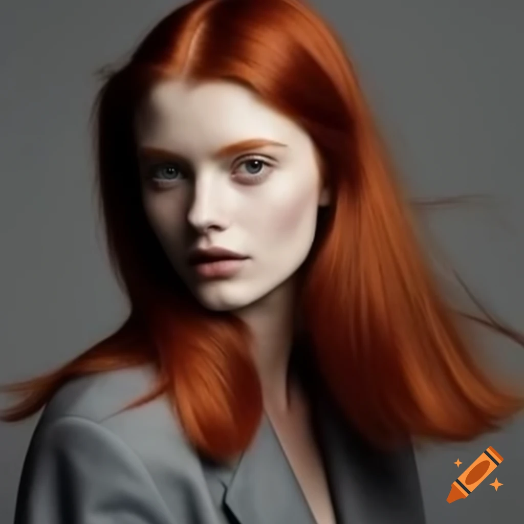 Portrait of tall European woman with long red hair in grey jacket