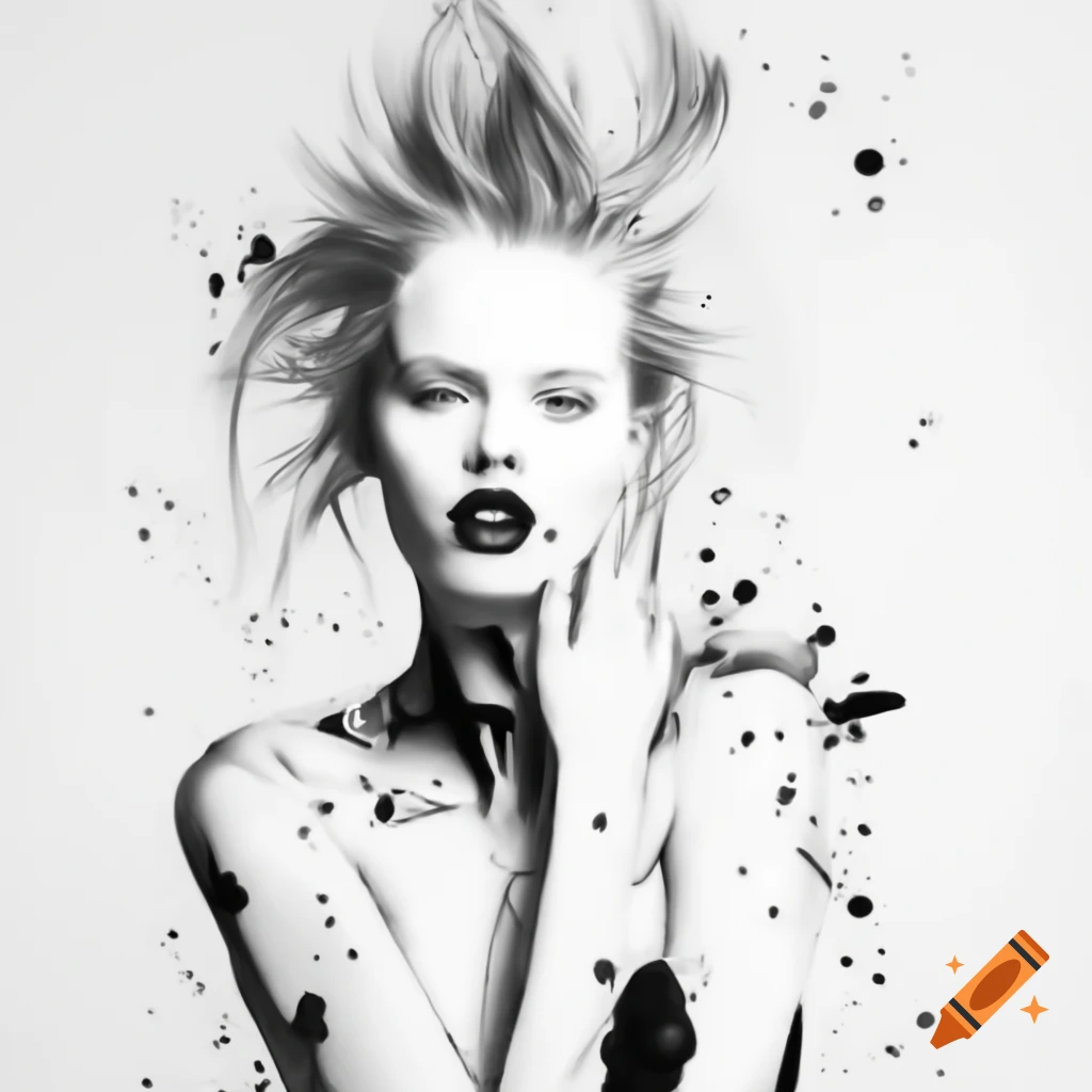 Scribble drawing of a full-body model in black ink, monochrome style