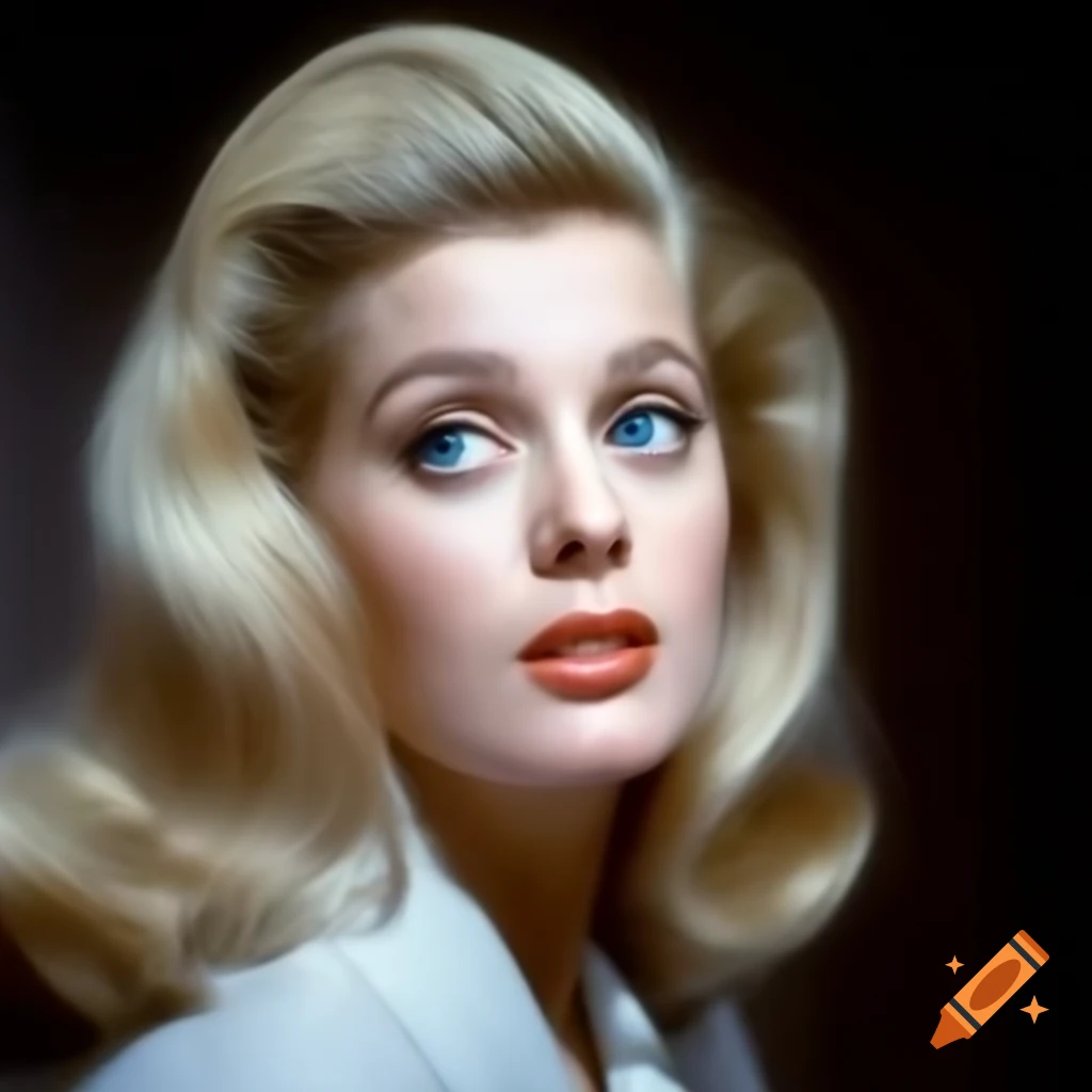 Hyper-realistic color photograph of a charming European actress from 1963 with porcelain skin and blue eyes