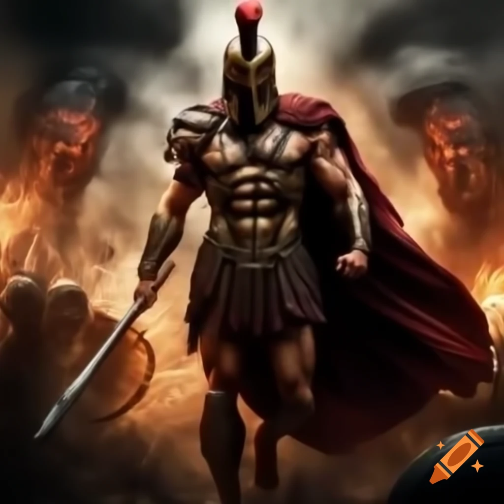 Spartan warrior amidst chaos, shrouded in smoke with roaring flames