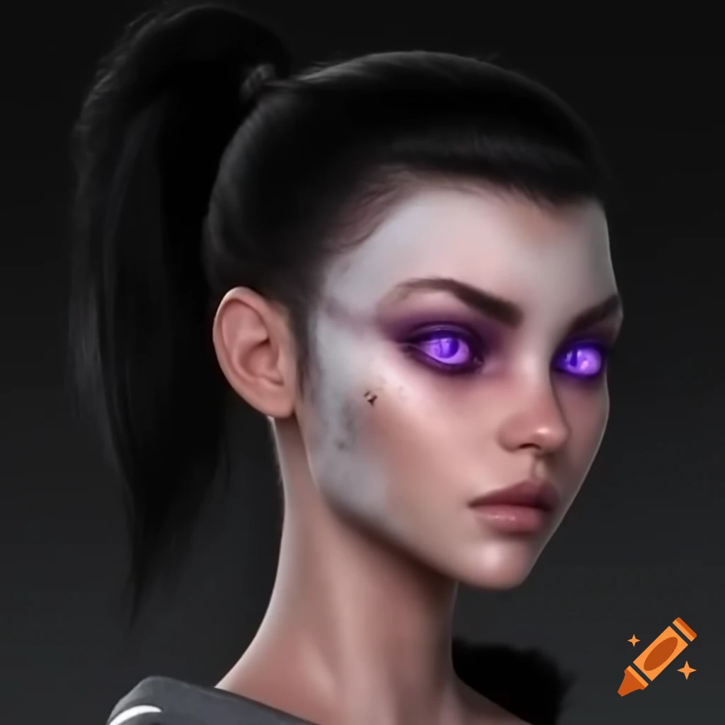 Athletic woman with violet eyes and black hair in high ponytail, wearing a silver cloak and holding a laspistol and shock maul