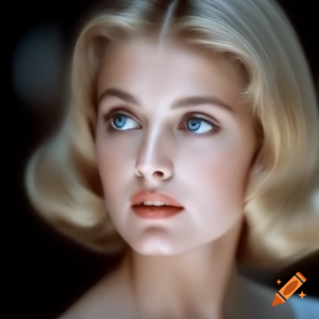 Hyper-realistic photograph of beautiful European actress from 1963 with porcelain skin and blue eyes