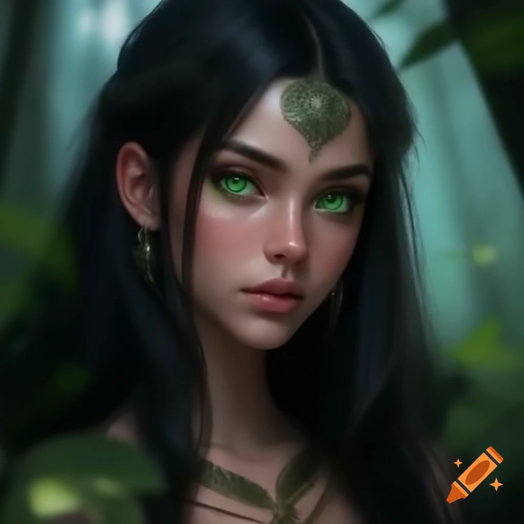 Young woman with green eyes and long black hair, expressing serene beauty