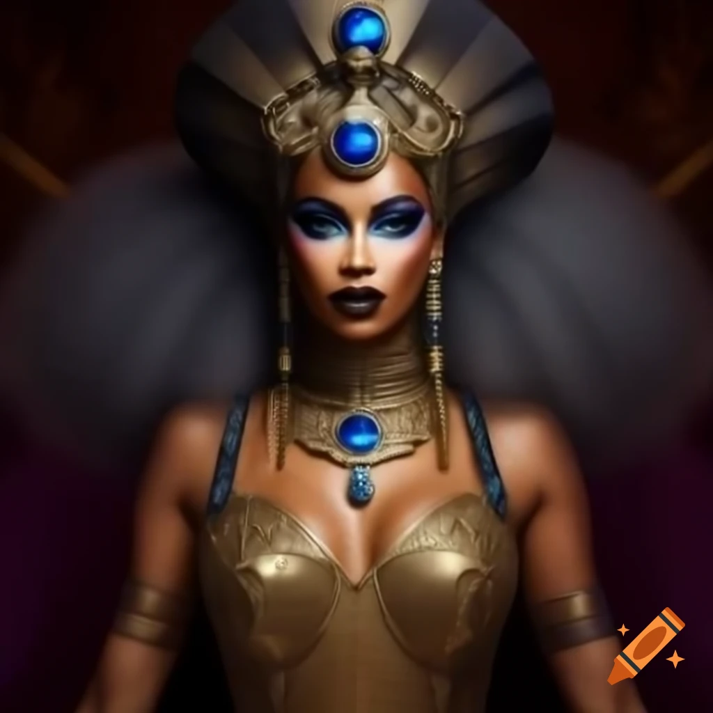 Metallic themed look for drag queen Sable Sphinx with gold gown and blue jewelry