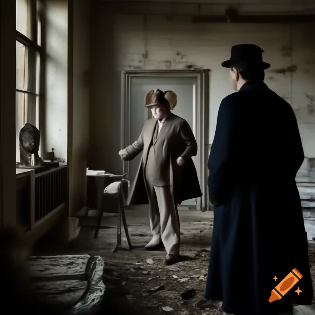Man in 19th century attire conversing in abandoned hotel room
