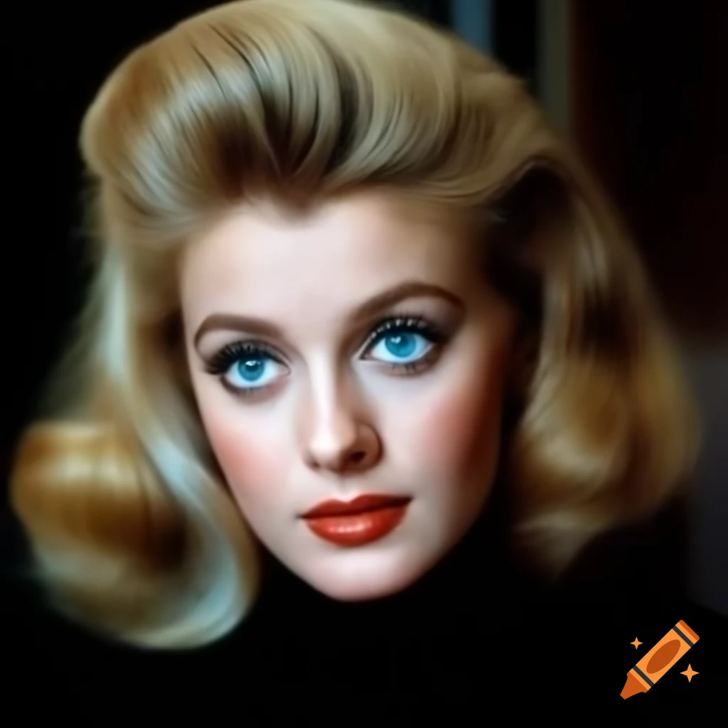 Hyper-realistic photograph of charming European actress from 1963 with porcelain skin and blue eyes