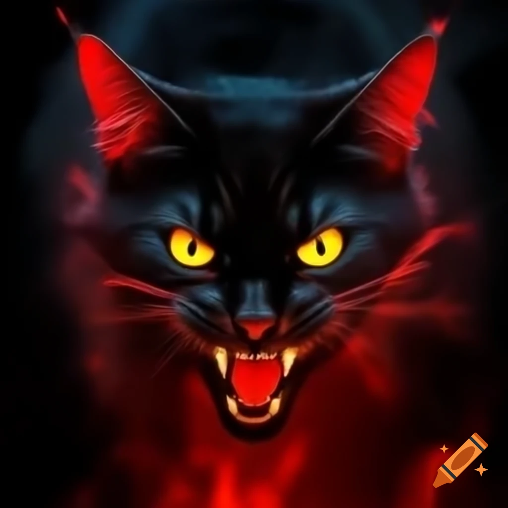 Dark outline of a cat with glowing eyes in crimson mist