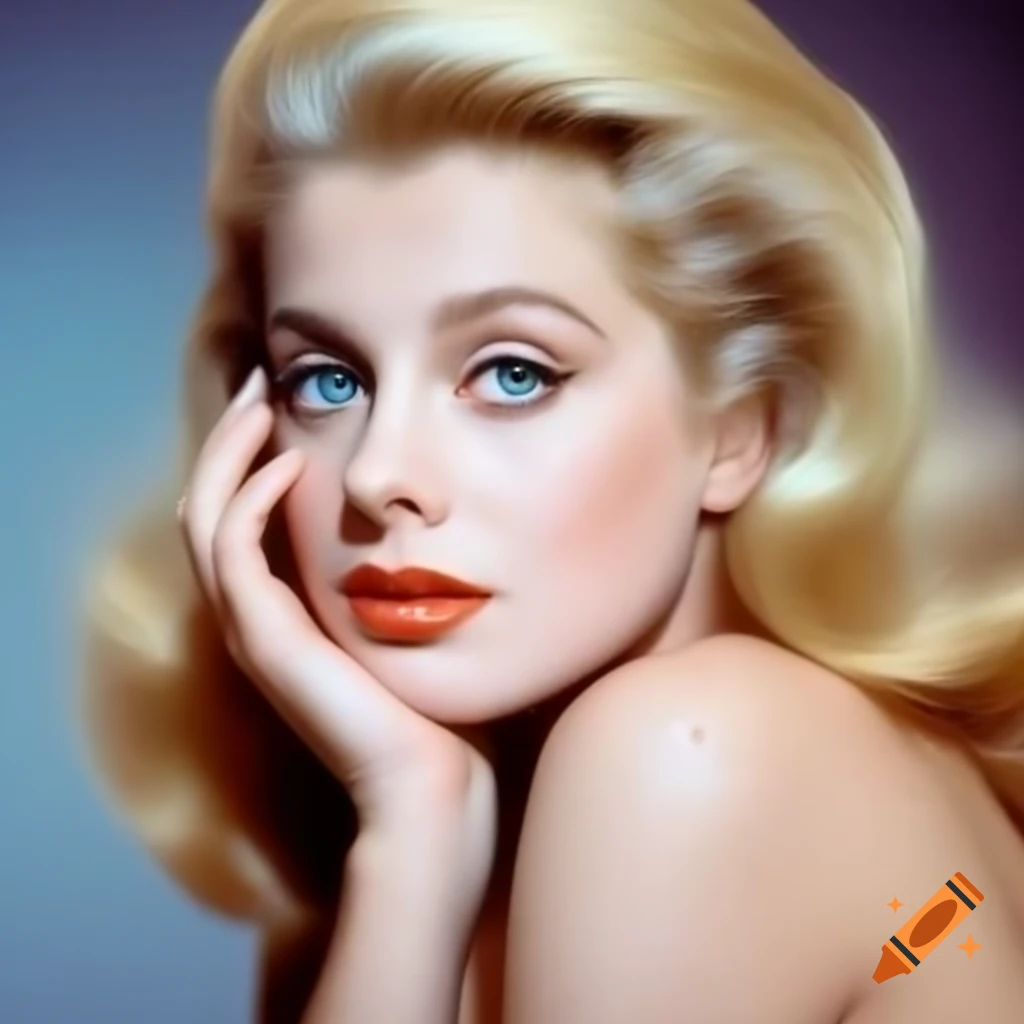 Hyper-realistic photograph of a charming European actress from 1963 with porcelain skin and blue eyes