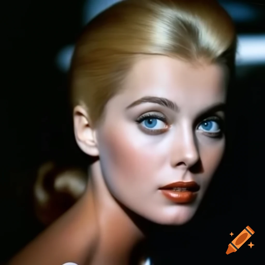 Hyper-realistic color photograph of a charming European actress from 1963 with porcelain skin and blue eyes