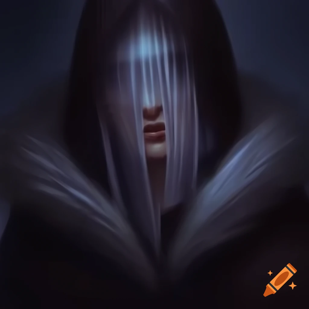 Female cleric of the Raven Queen in cloak of raven feathers with white veil