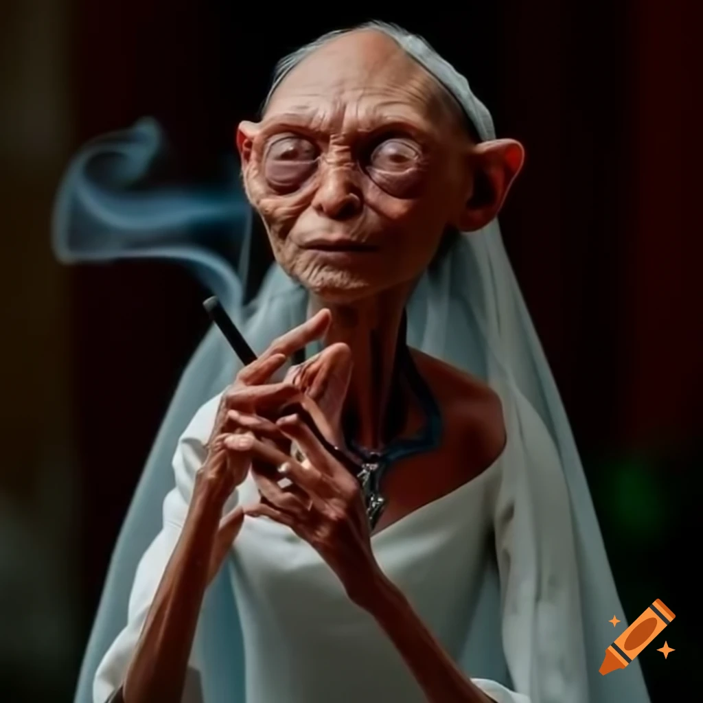 Gollum in bridal dress smoking pipe, humorous depiction