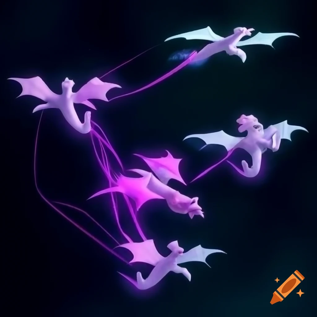 Tiny dragons flying in formation with purple effects